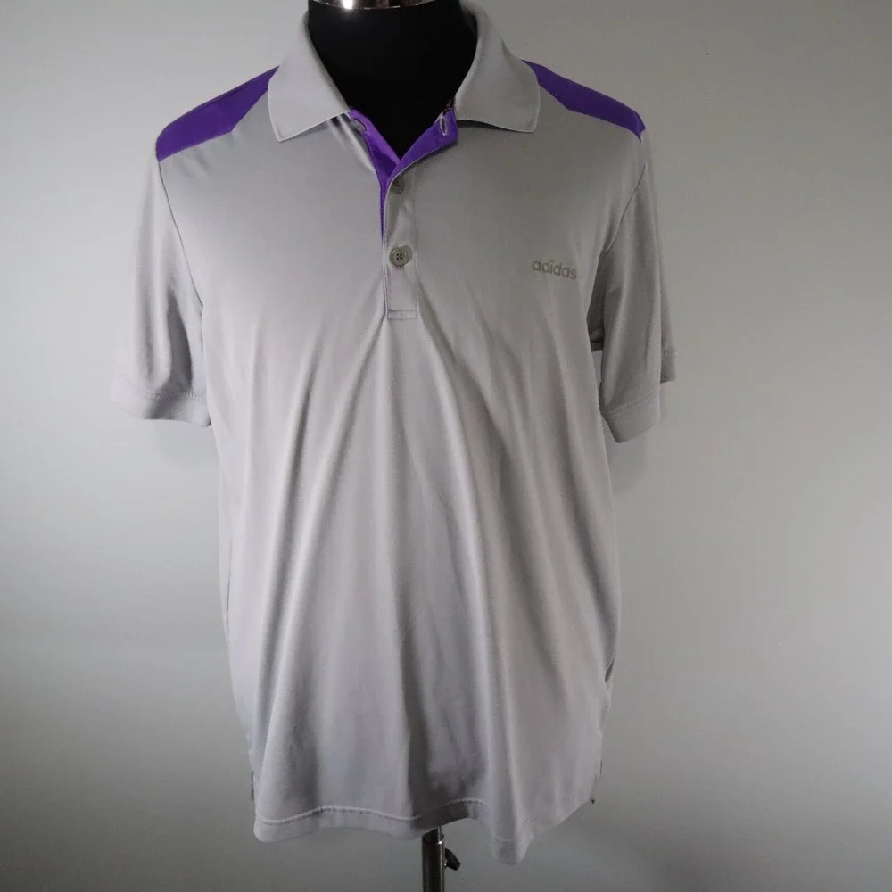 Adidas‎ Golf Polo Shirt Mens Medium Performance Gray Purple Short Sleeve